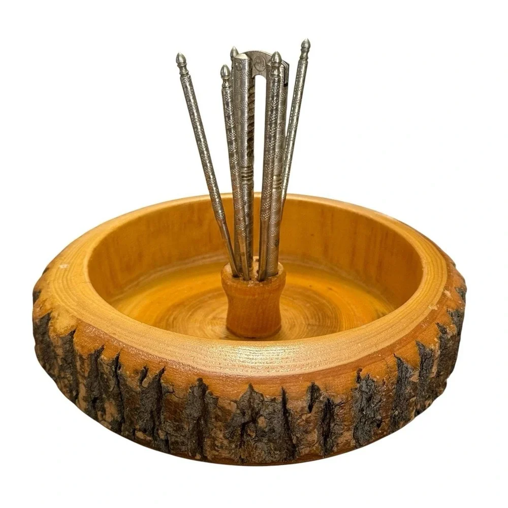 Vintage Wood Nut Bowl Bark Edge Nutcracker 5 Picks Rustic Mid Century Snack Set